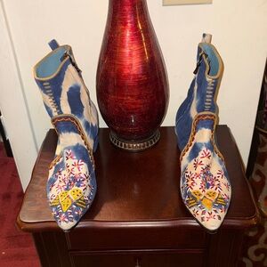 Artisan Embroidered Blue and Cream Suede Ankle Boots